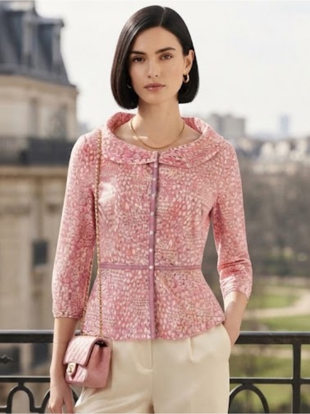 Elie Tahari Vintage Pink Patterned Shawl Collar Peplum Blouse